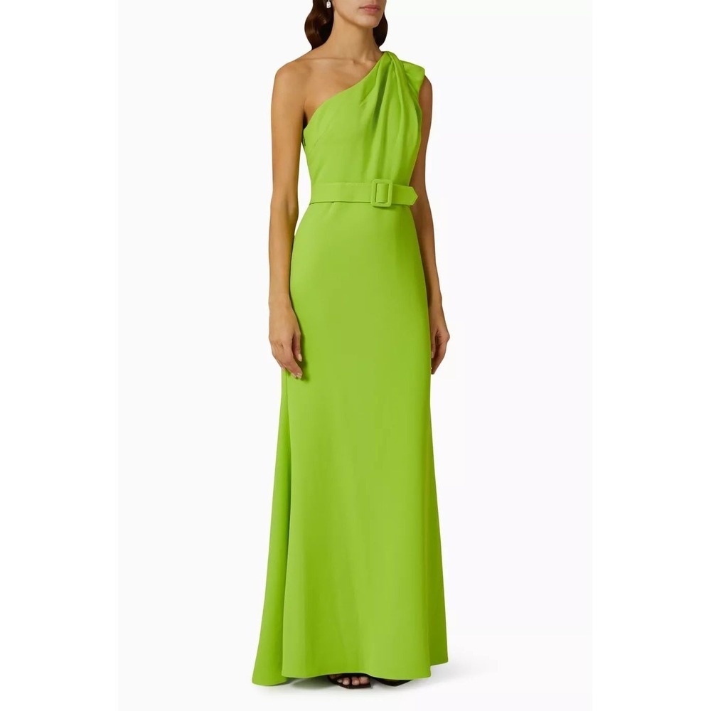 $895 Badgley Mischka Womens One Shoulder Belted Gown Lime Green Size 4 NWT - Picture 4 of 16